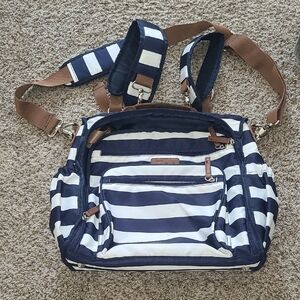 Hip Cub Navy and White Striped Bag with Brown Accents
